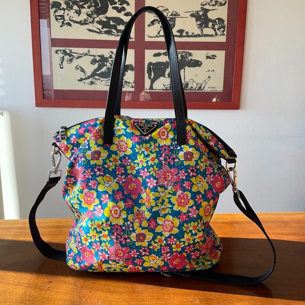 Prada Floral Print Nylon Tote Bag with Removable Shoulder Strap